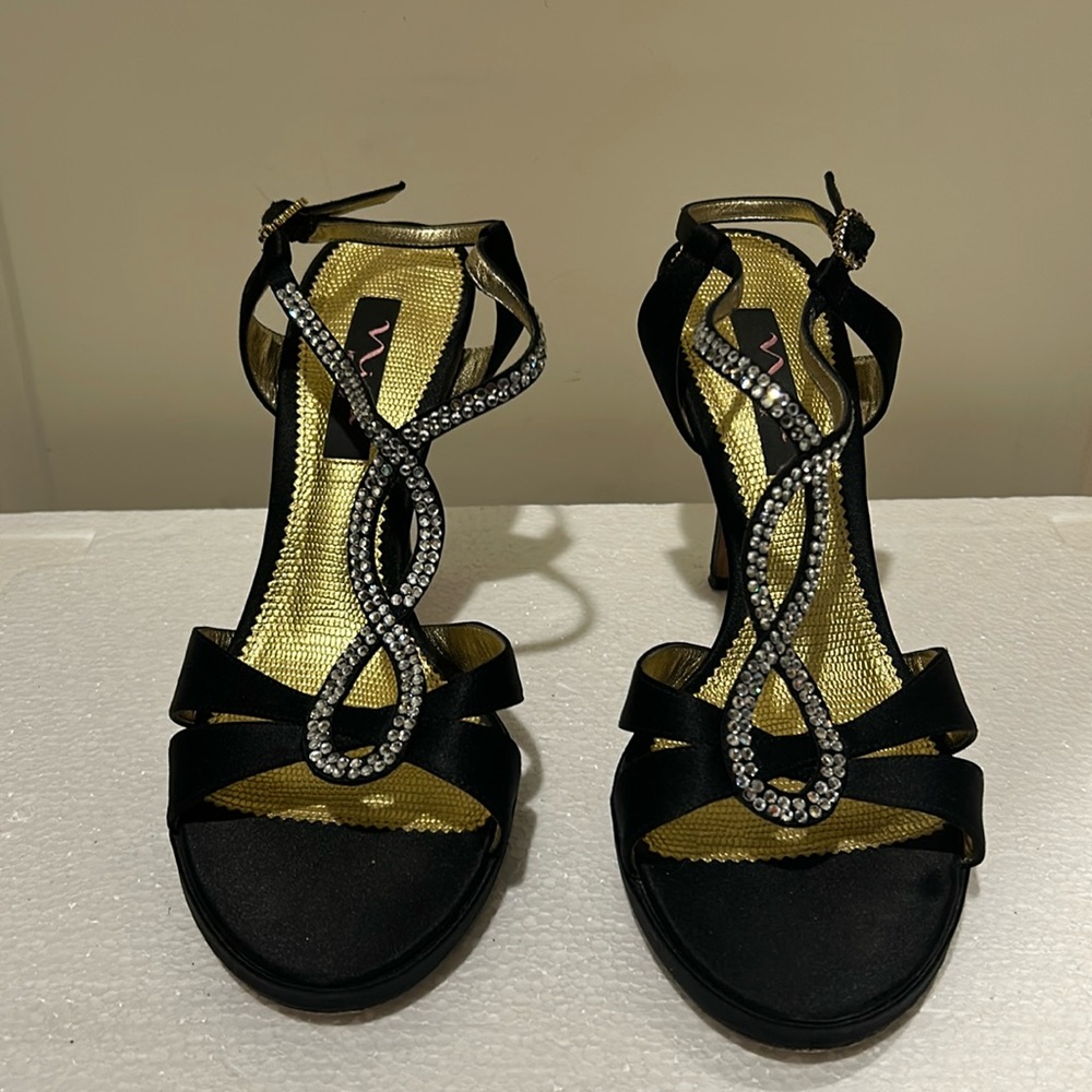 Nina bling rhinestone strappy buckle open toe heel pumps sandals size 8.5 black